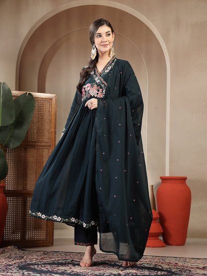 Cotton Calf Length Solid Full Sleeves Anrakha Neck Flared Kurta Suit Set With Dupatta