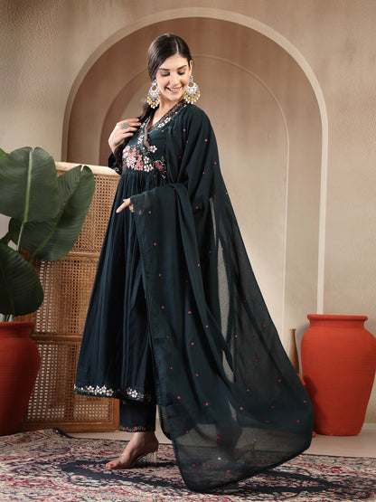 Cotton Calf Length Solid Full Sleeves Anrakha Neck Flared Kurta Suit Set With Dupatta (Pre-Order)