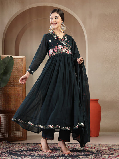 Cotton Calf Length Solid Full Sleeves Anrakha Neck Flared Kurta Suit Set With Dupatta