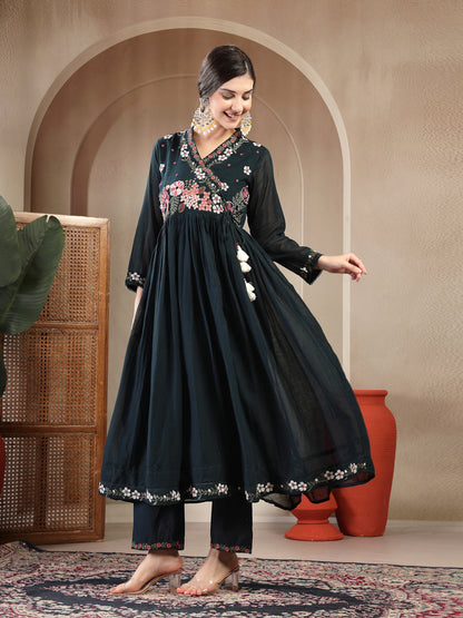 Cotton Calf Length Solid Full Sleeves Anrakha Neck Flared Kurta Suit Set With Dupatta