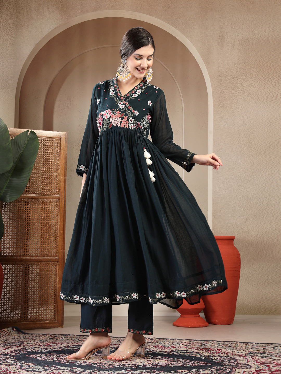 Cotton Calf Length Solid Full Sleeves Anrakha Neck Flared Kurta Suit Set With Dupatta (Pre-Order)