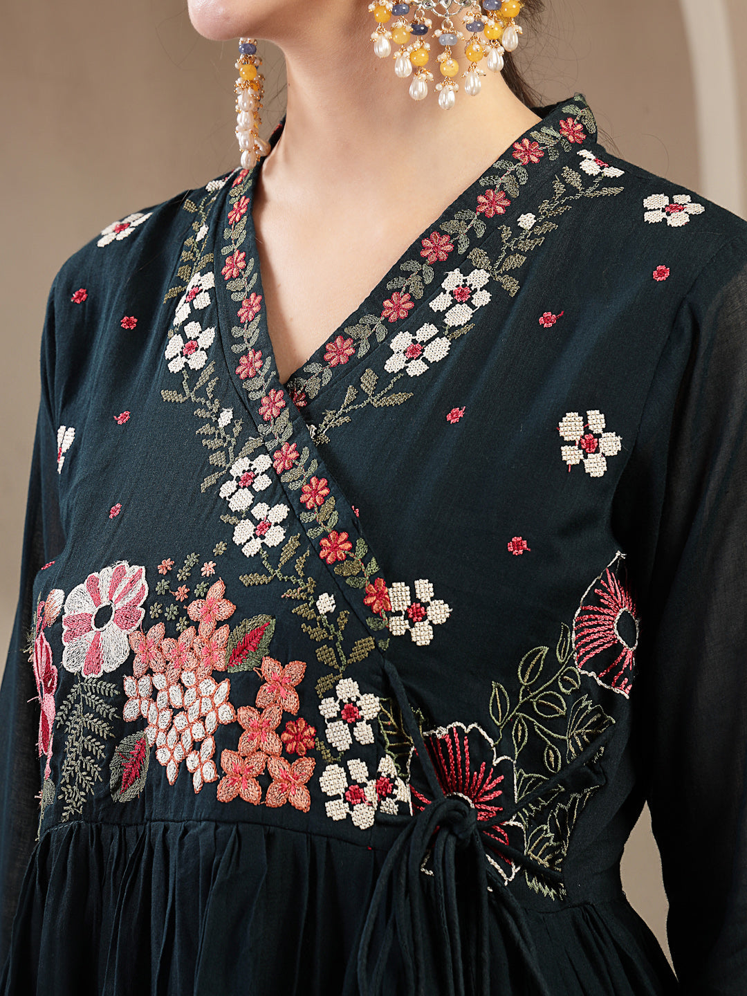 Cotton Calf Length Solid Full Sleeves Anrakha Neck Flared Kurta Suit Set With Dupatta