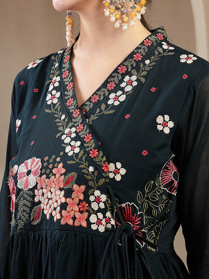 Cotton Calf Length Solid Full Sleeves Anrakha Neck Flared Kurta Suit Set With Dupatta (Pre-Order)