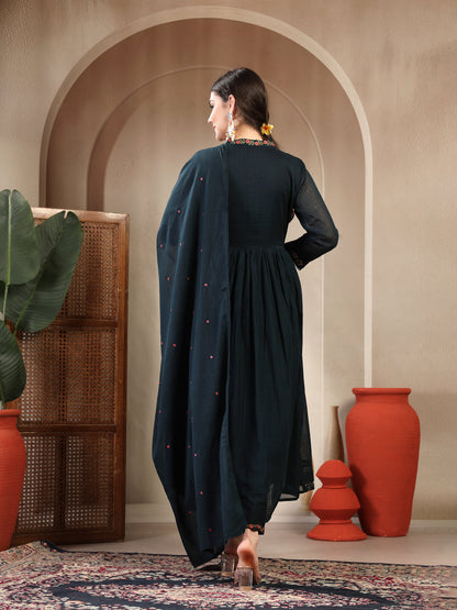 Cotton Calf Length Solid Full Sleeves Anrakha Neck Flared Kurta Suit Set With Dupatta (Pre-Order)