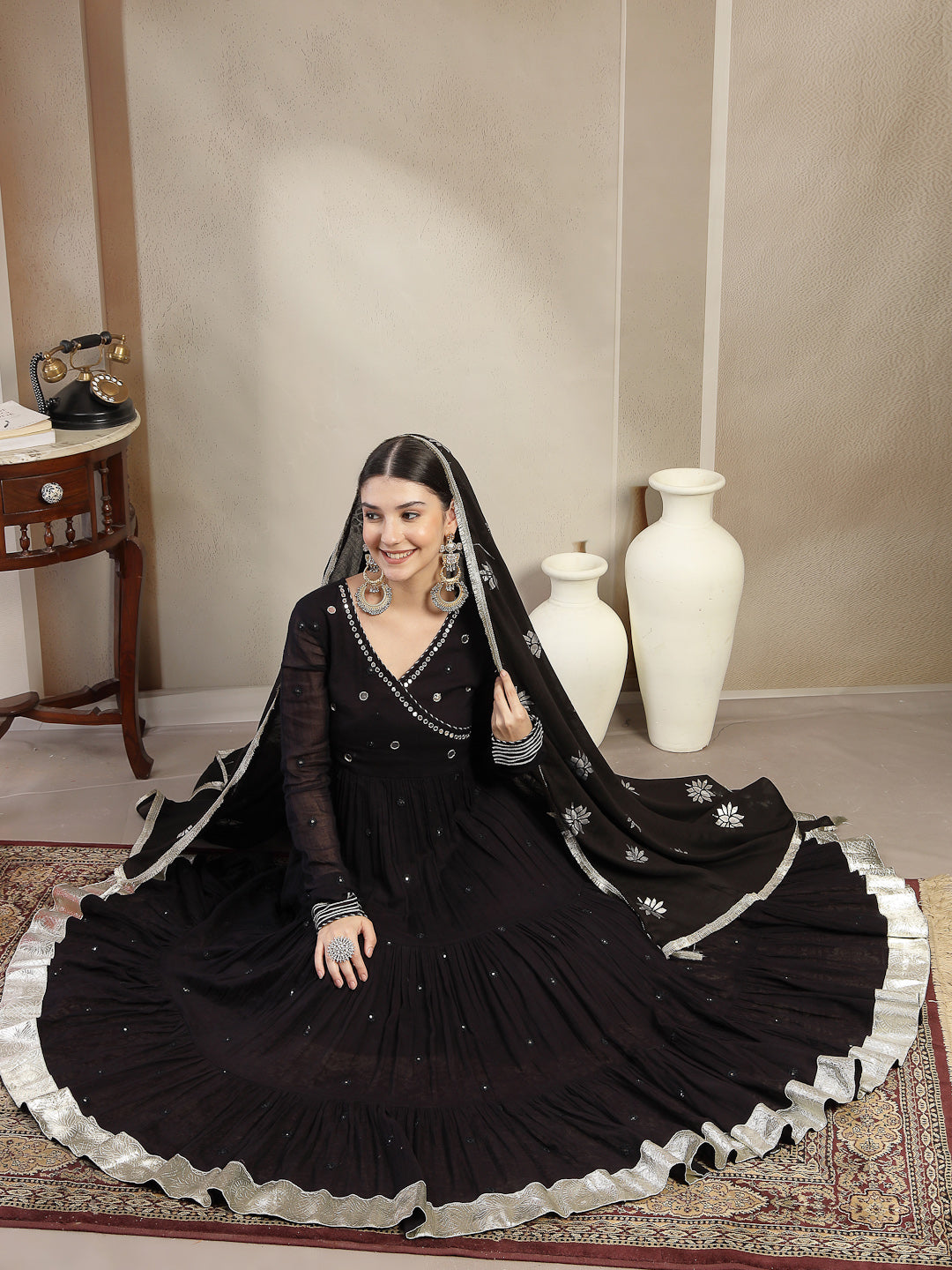 Malmal Calf Length Solid Full Sleeves Anrakha Neck Anarkali Kurta Suit Set With Dupatta