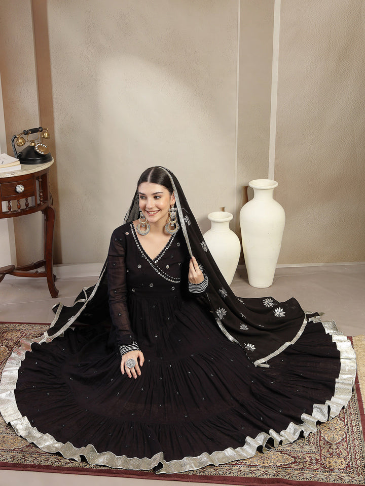 Malmal Calf Length Solid Full Sleeves Anrakha Neck Anarkali Lining Kurta Suit Set With Dupatta