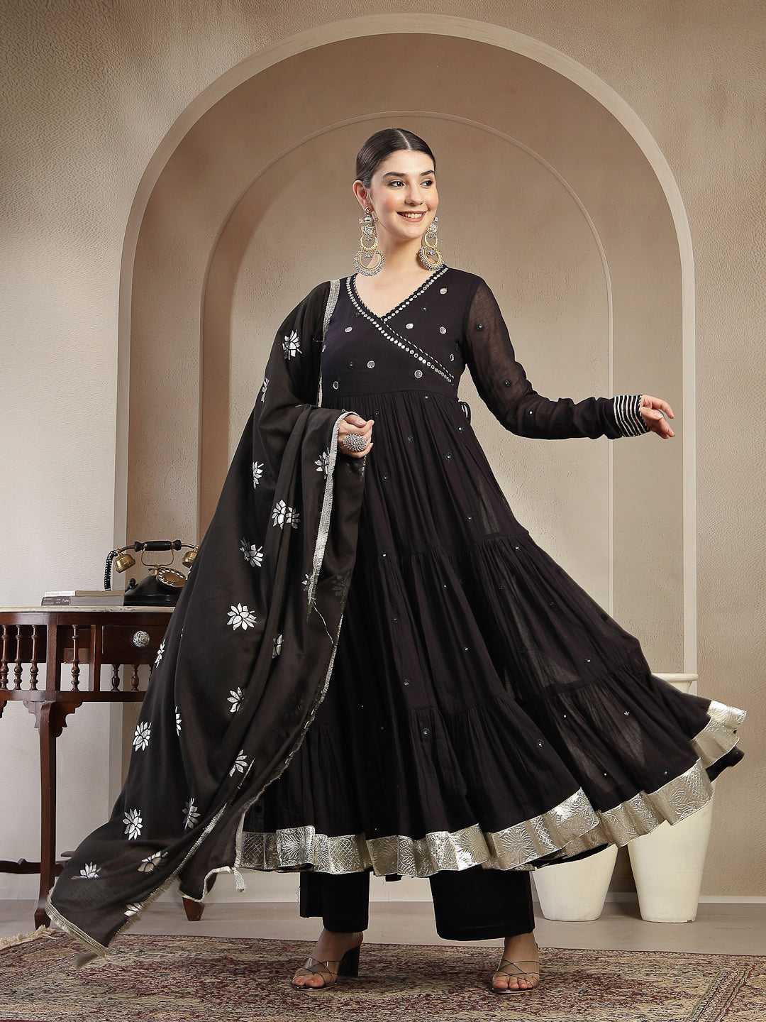 Malmal Calf Length Solid Full Sleeves Anrakha Neck Anarkali Kurta Suit Set With Dupatta