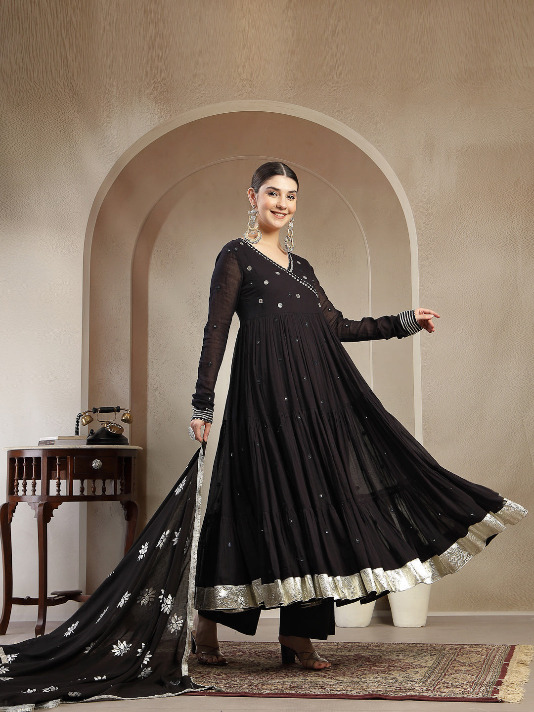 Malmal Calf Length Solid Full Sleeves Anrakha Neck Anarkali Lining Kurta Suit Set With Dupatta