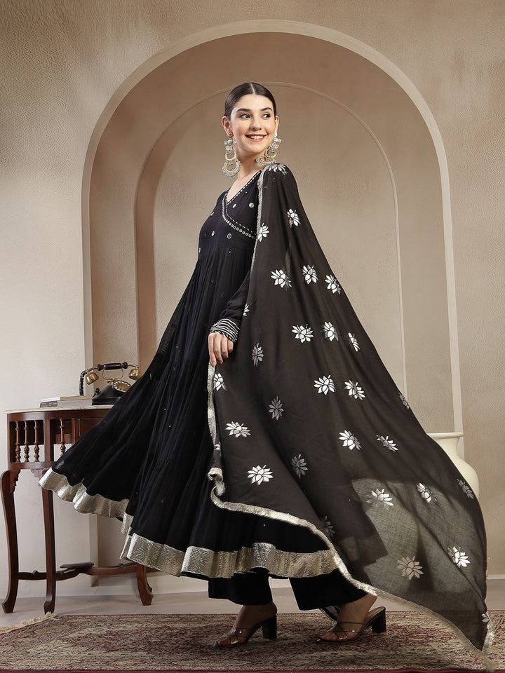 Malmal Calf Length Solid Full Sleeves Anrakha Neck Anarkali Lining Kurta Suit Set With Dupatta
