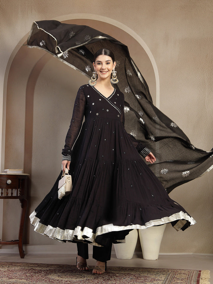 Malmal Calf Length Solid Full Sleeves Anrakha Neck Anarkali Lining Kurta Suit Set With Dupatta