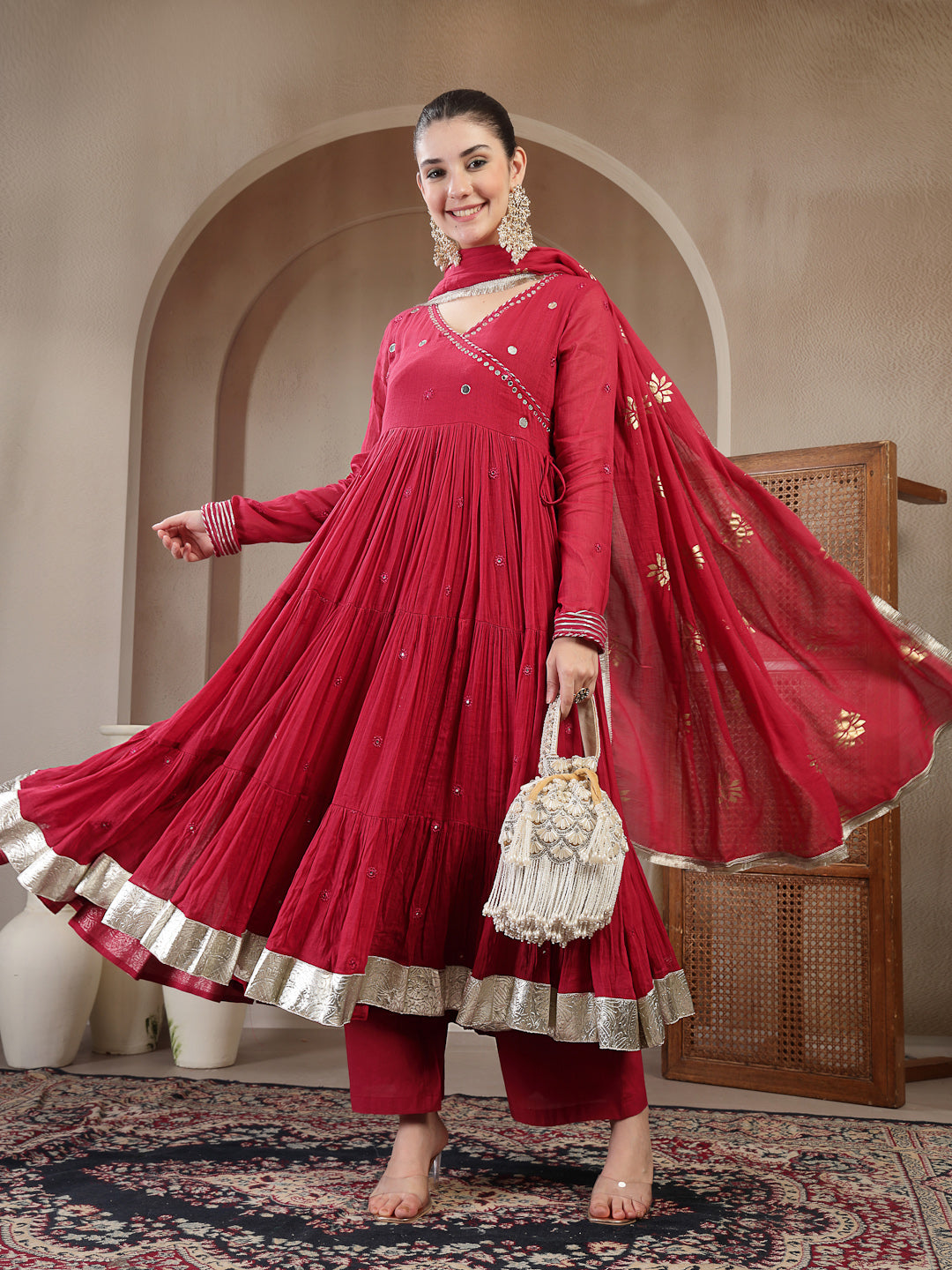 Malmal Calf Length Solid Full Sleeves Anrakha Neck Anarkali Lining Kurta Suit Set With Dupatta
