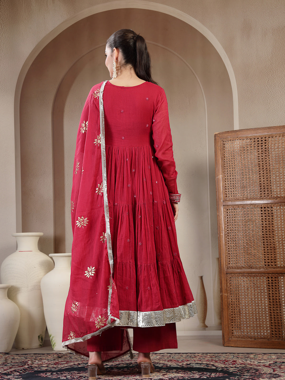 Malmal Calf Length Solid Full Sleeves Anrakha Neck Anarkali Lining Kurta Suit Set With Dupatta