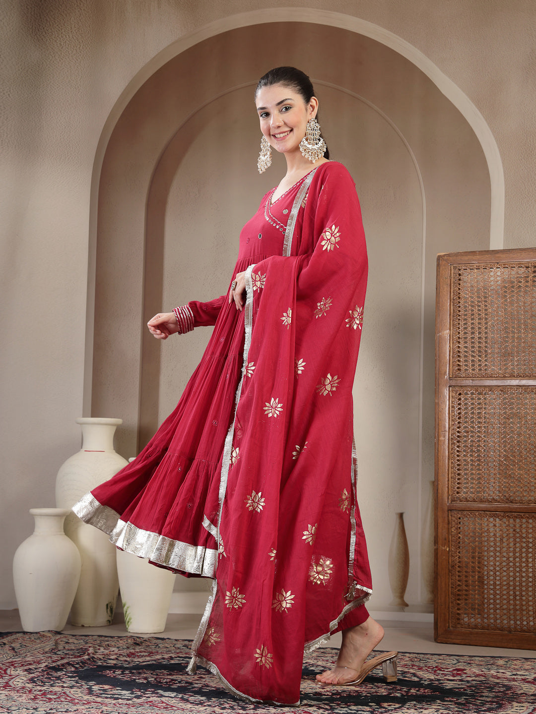 Malmal Calf Length Solid Full Sleeves Anrakha Neck Anarkali Lining Kurta Suit Set With Dupatta