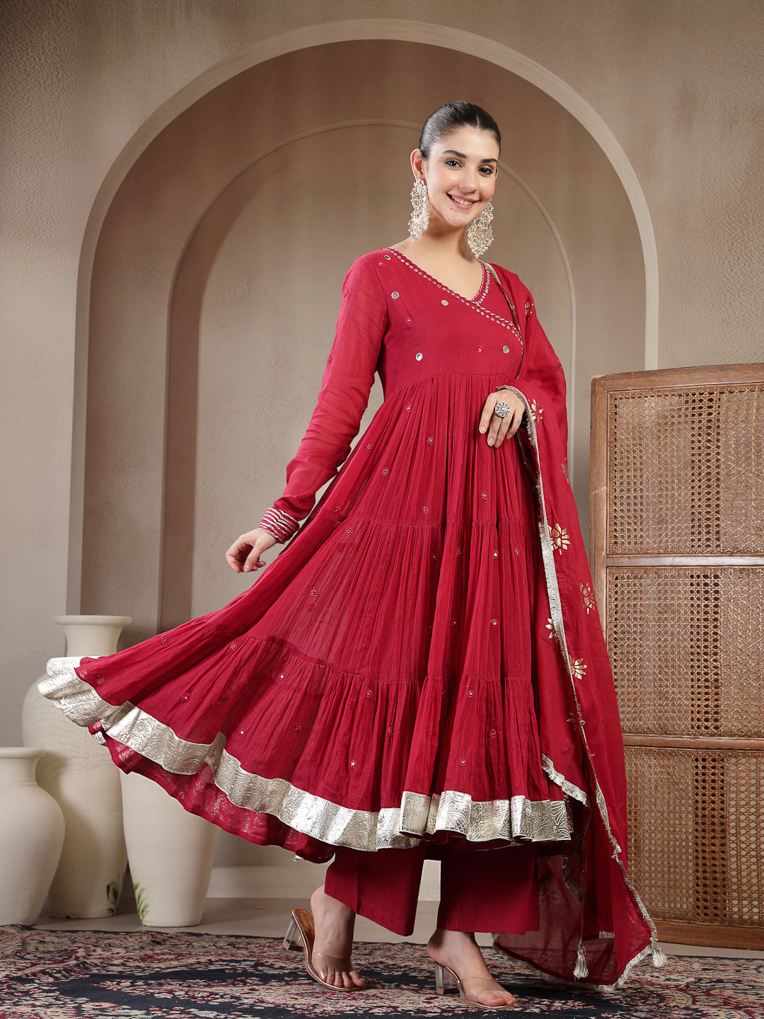 Malmal Calf Length Solid Full Sleeves Anrakha Neck Anarkali Lining Kurta Suit Set With Dupatta