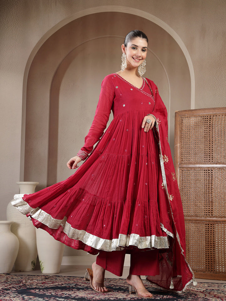 Malmal Calf Length Solid Full Sleeves Anrakha Neck Anarkali Lining Kurta Suit Set With Dupatta