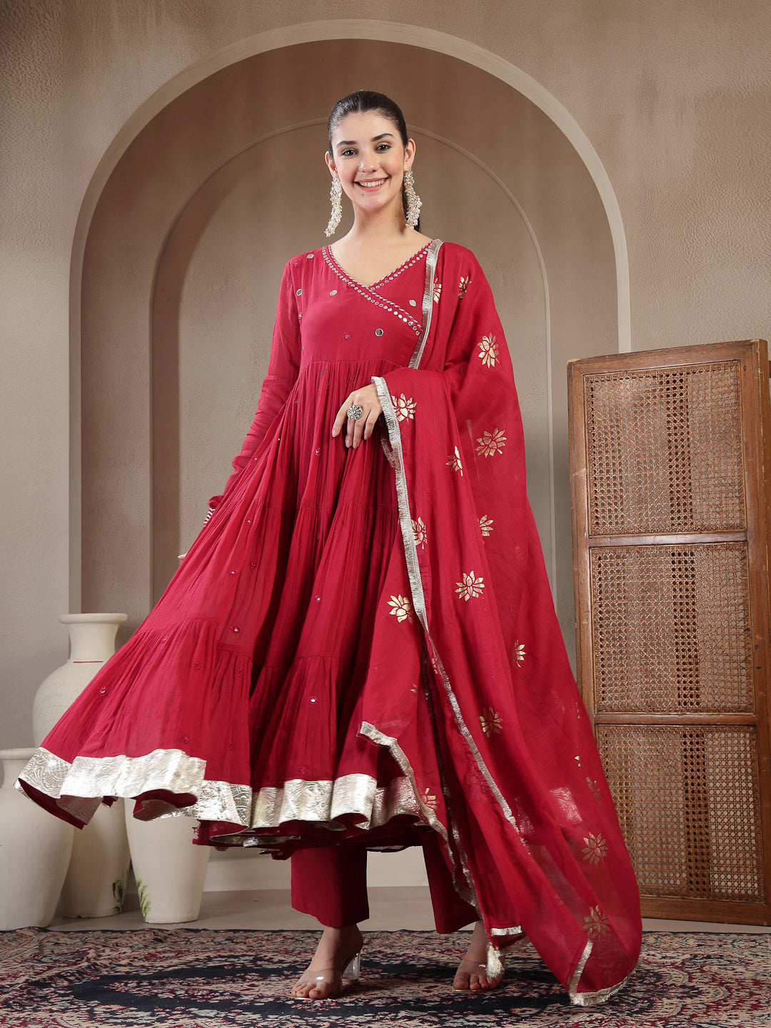 Malmal Calf Length Solid Full Sleeves Anrakha Neck Anarkali Lining Kurta Suit Set With Dupatta