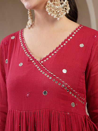 Malmal Calf Length Solid Full Sleeves Anrakha Neck Anarkali Kurta Suit Set With Dupatta