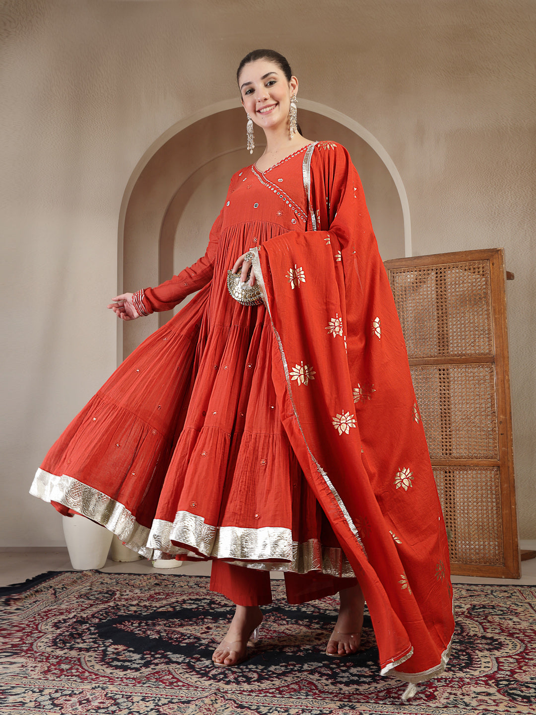 Malmal Calf Length Solid Full Sleeves Anrakha Neck Anarkali Kurta Suit Set With Dupatta