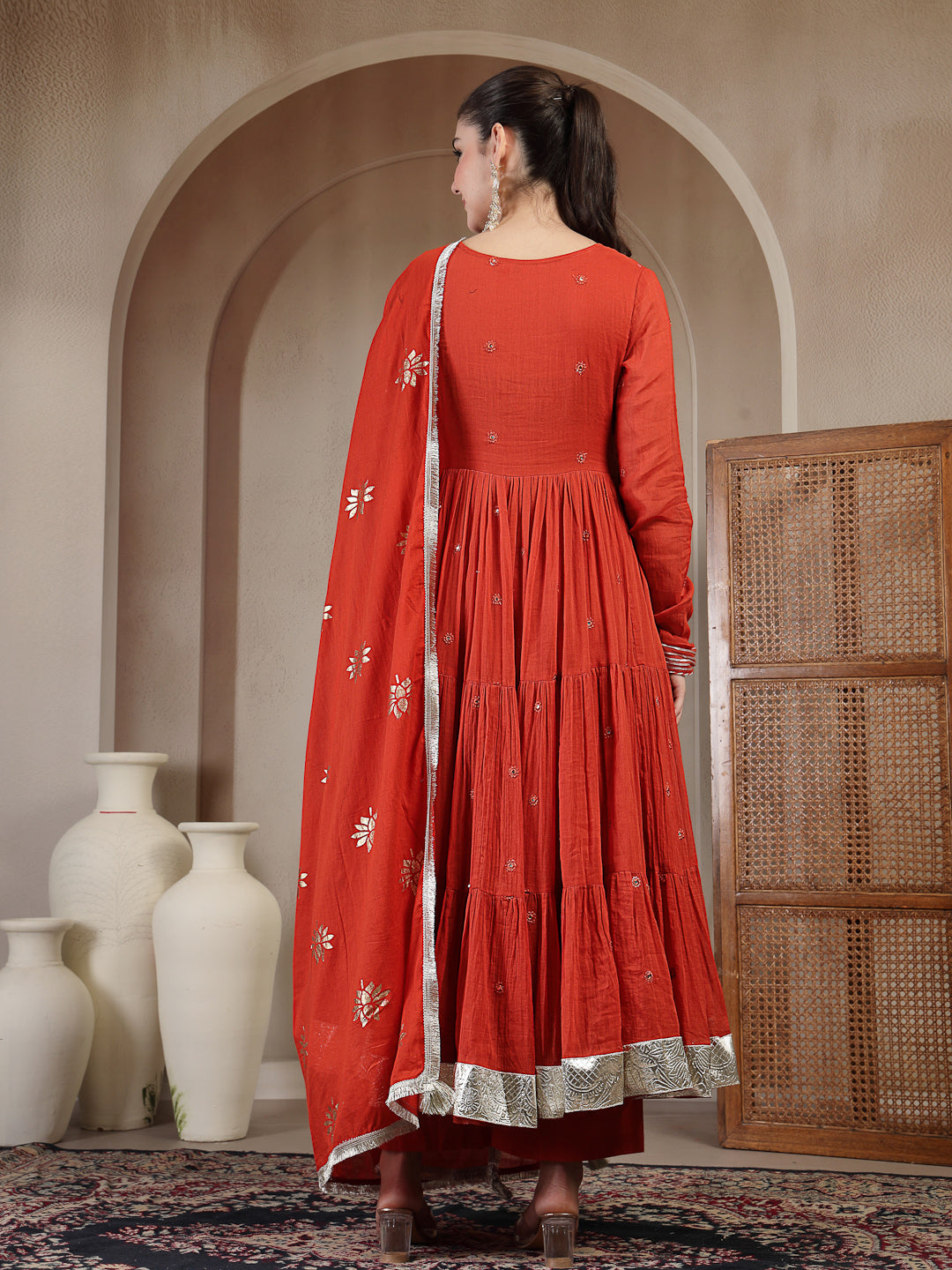 Malmal Calf Length Solid Full Sleeves Anrakha Neck Anarkali Kurta Suit Set With Dupatta (Pre-Order)