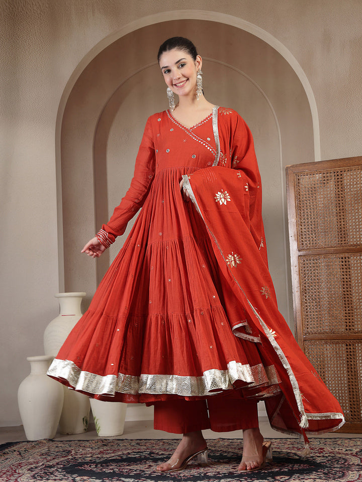 Malmal Calf Length Solid Full Sleeves Anrakha Neck Anarkali Lining Kurta Suit Set With Dupatta