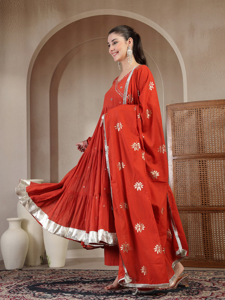 Malmal Calf Length Solid Full Sleeves Anrakha Neck Anarkali Lining Kurta Suit Set With Dupatta
