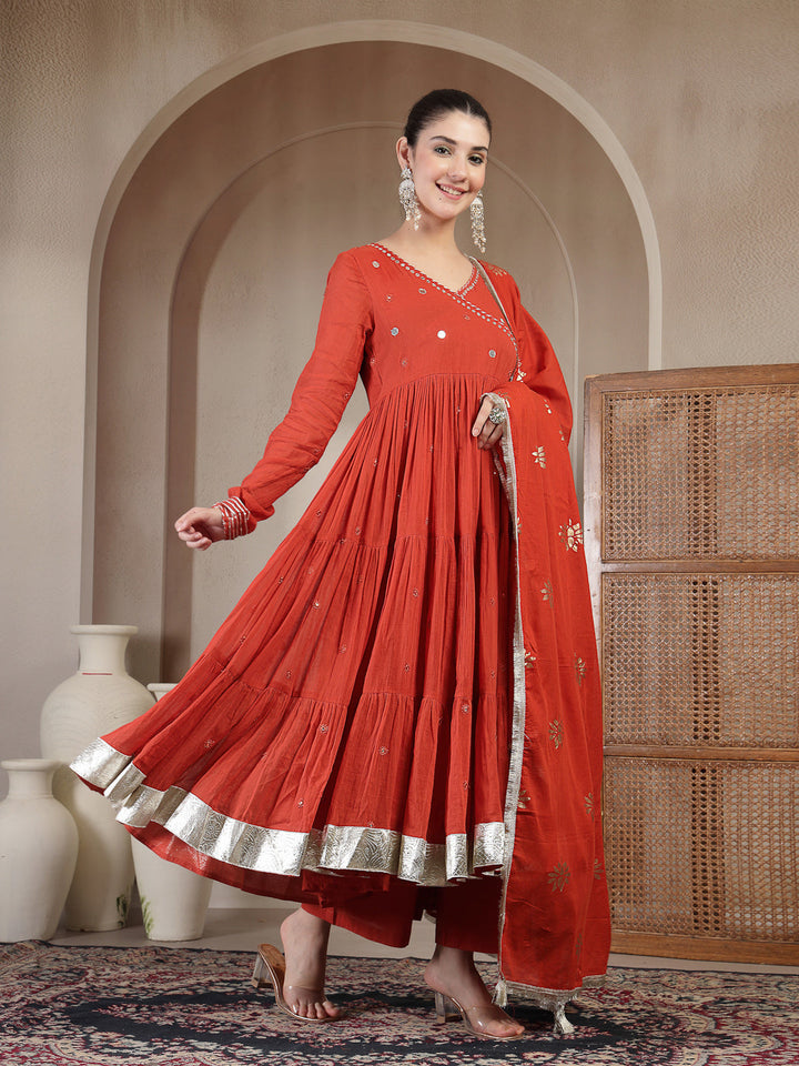Malmal Calf Length Solid Full Sleeves Anrakha Neck Anarkali Lining Kurta Suit Set With Dupatta