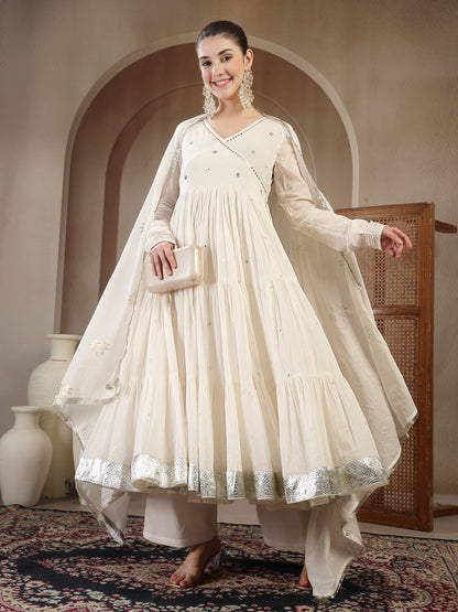 Malmal Calf Length Solid Full Sleeves Anrakha Neck Anarkali Kurta Suit Set With Dupatta