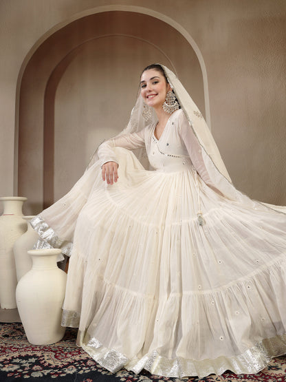 Malmal Calf Length Solid Full Sleeves Anrakha Neck Anarkali Kurta Suit Set With Dupatta