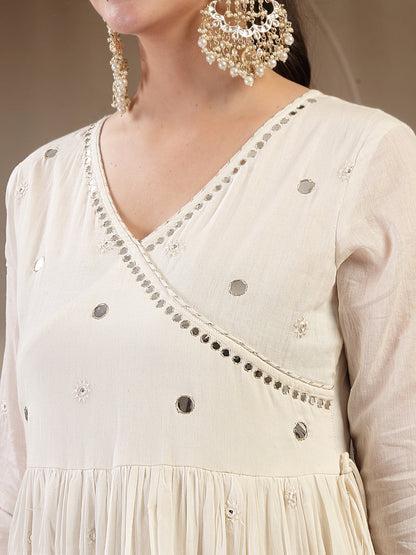 Malmal Calf Length Solid Full Sleeves Anrakha Neck Anarkali Kurta Suit Set With Dupatta