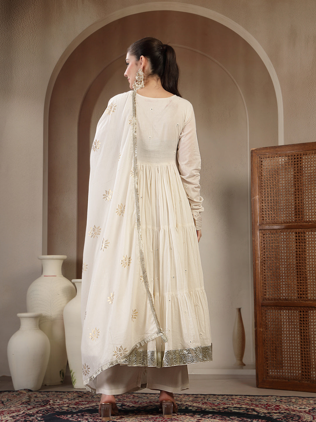 Malmal Calf Length Solid Full Sleeves Anrakha Neck Anarkali Lining Kurta Suit Set With Dupatta