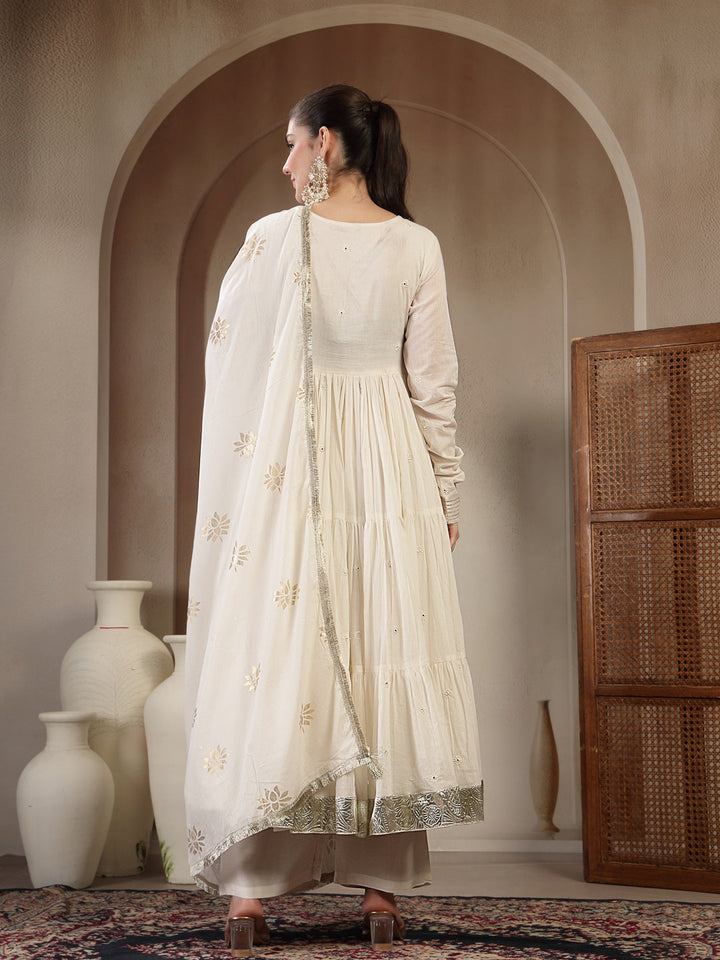 Malmal Calf Length Solid Full Sleeves Anrakha Neck Anarkali Lining Kurta Suit Set With Dupatta