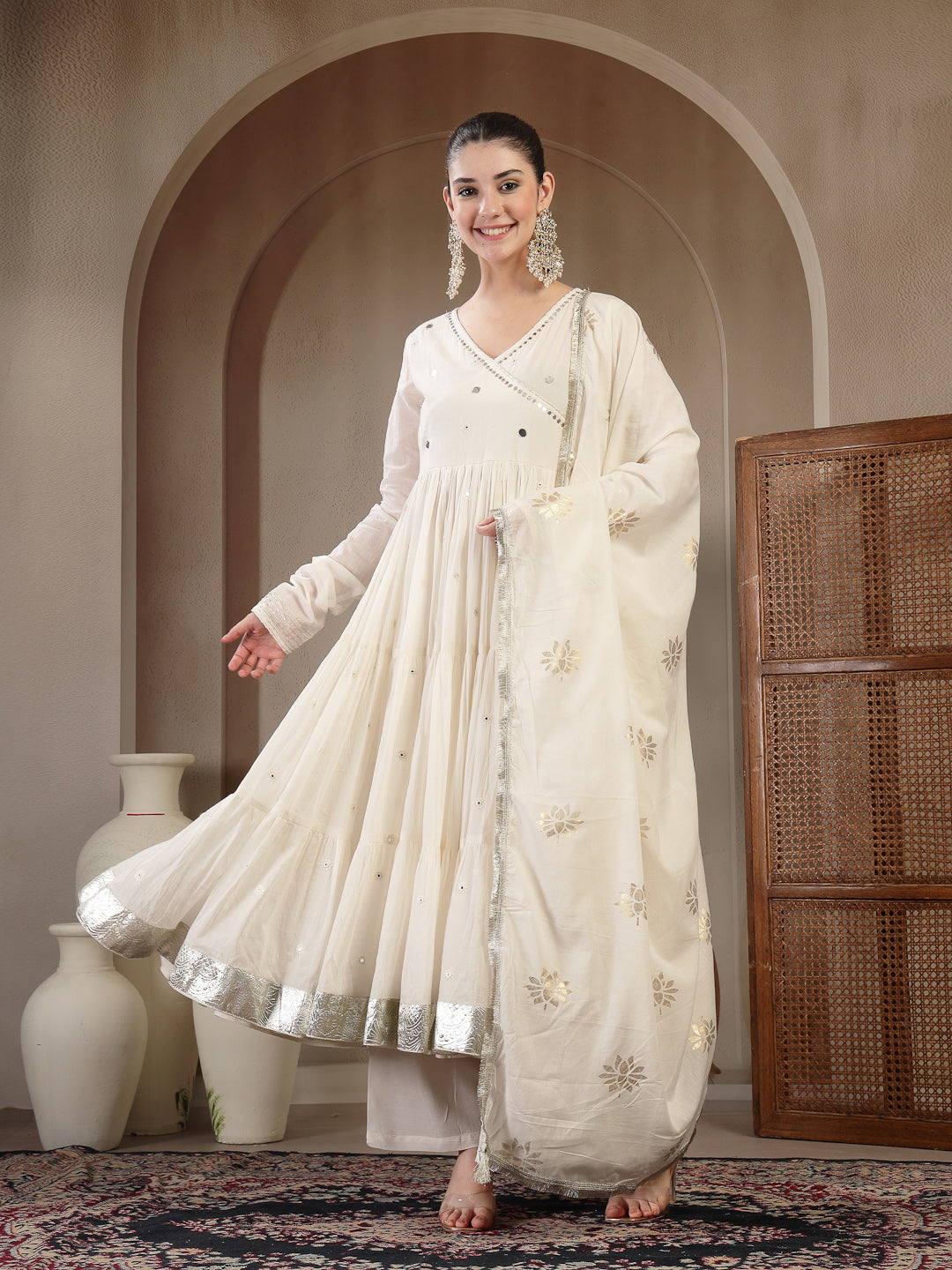 Malmal Calf Length Solid Full Sleeves Anrakha Neck Anarkali Kurta Suit Set With Dupatta