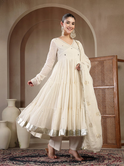 Malmal Calf Length Solid Full Sleeves Anrakha Neck Anarkali Kurta Suit Set With Dupatta