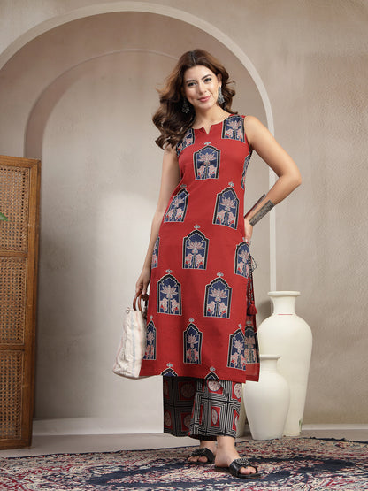 Straight Printed Cotton Round Neck Kurta Set