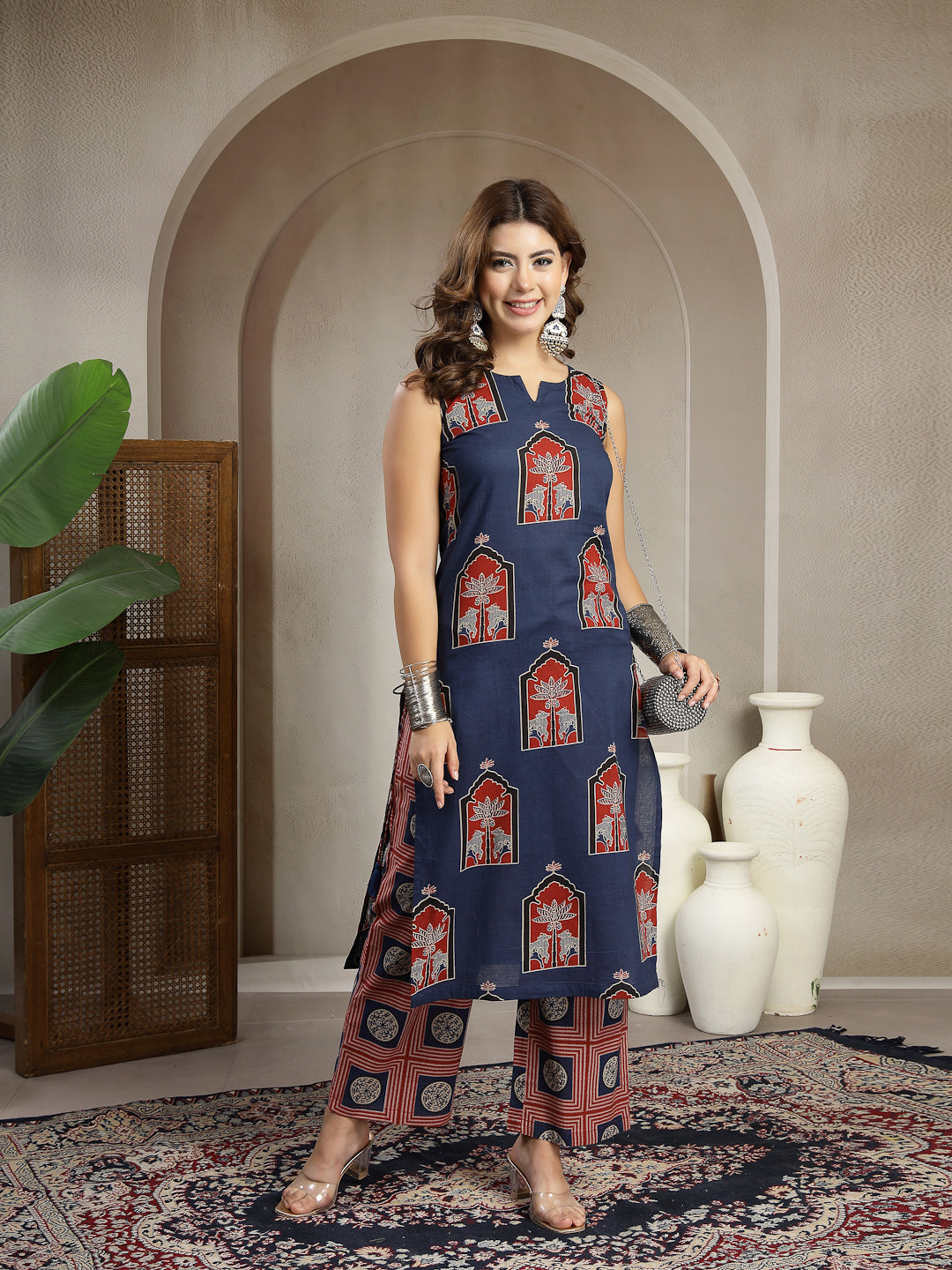 Straight Printed Cotton Round Neck Kurta Set