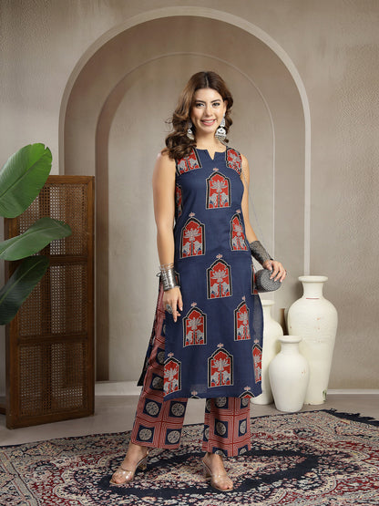 Straight Printed Cotton Round Neck Kurta Set