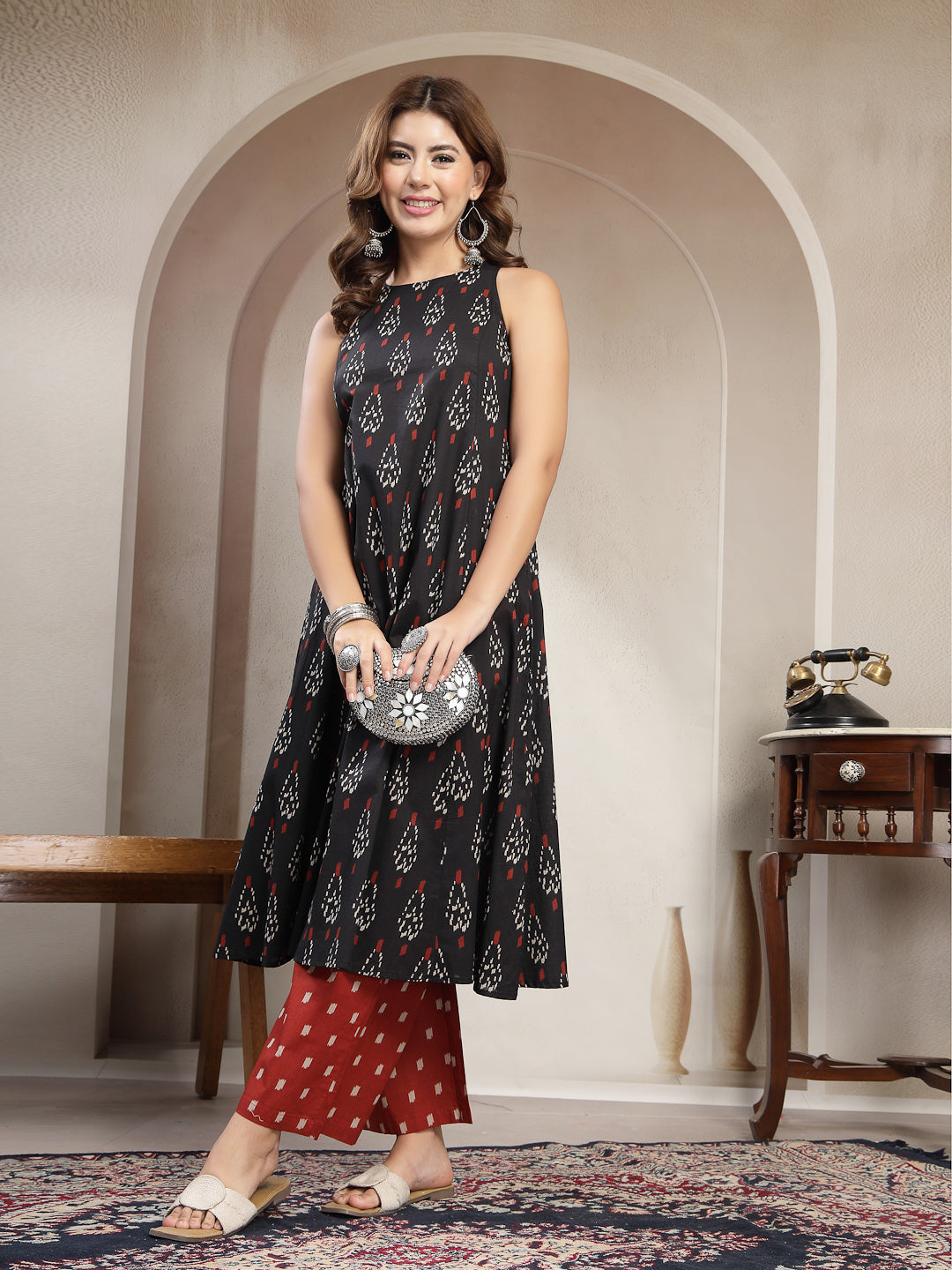 Flared Printed Cotton Round Neck Kurta Set