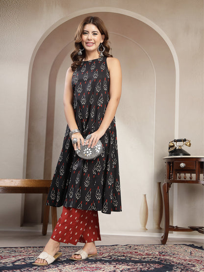 Flared Printed Cotton Round Neck Kurta Set