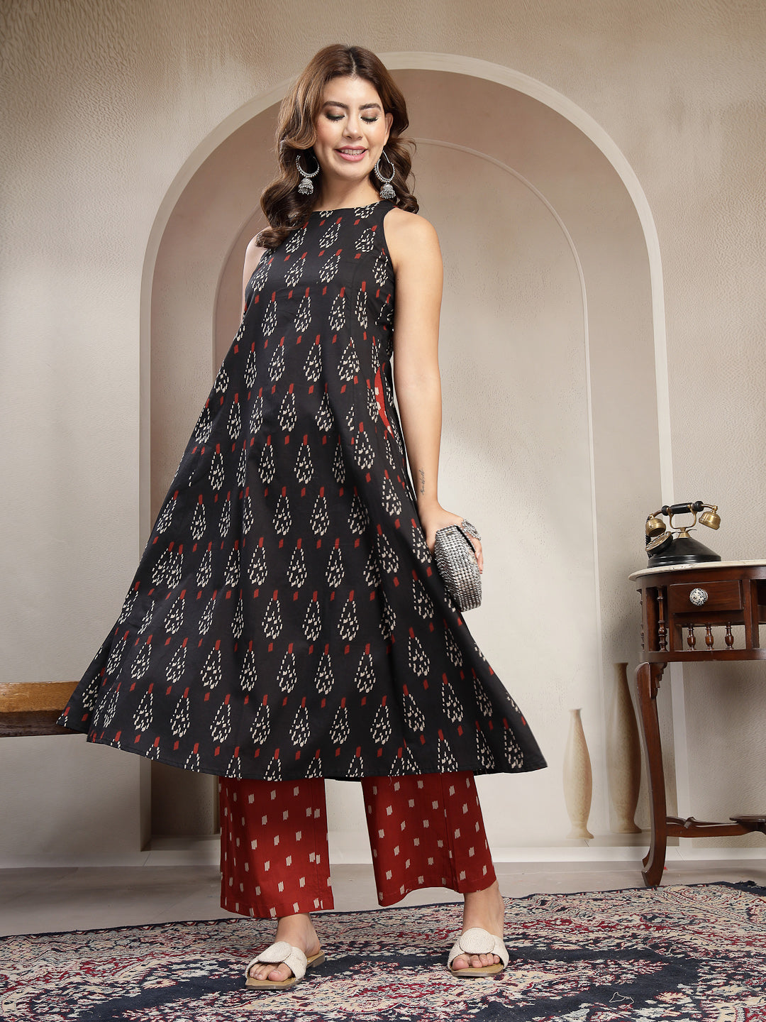 Flared Printed Cotton Round Neck Kurta Set
