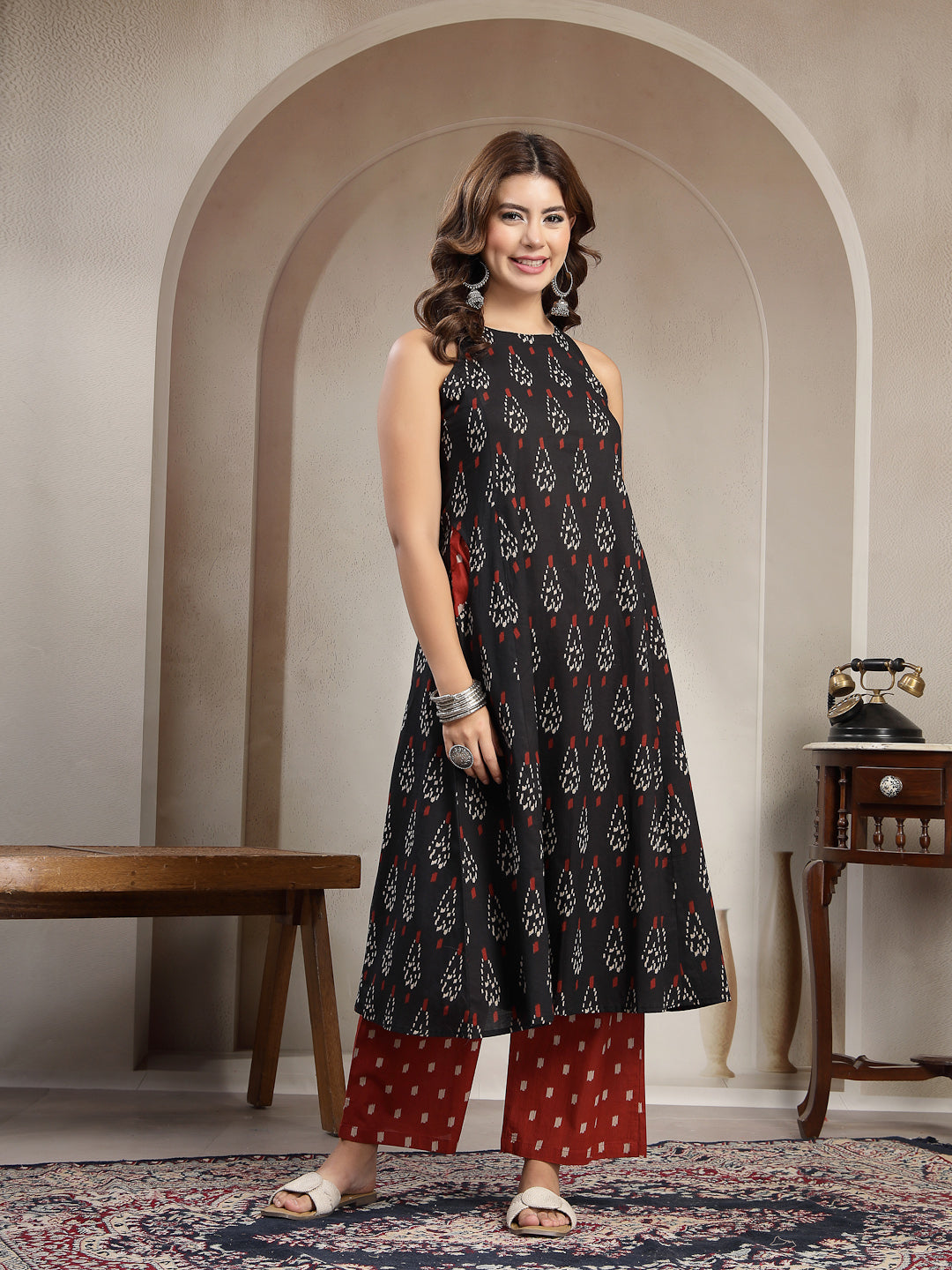 Flared Printed Cotton Round Neck Kurta Set
