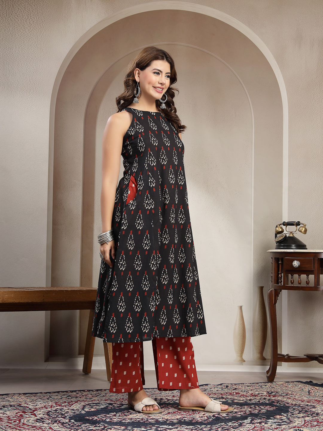 Flared Printed Cotton Round Neck Kurta Set