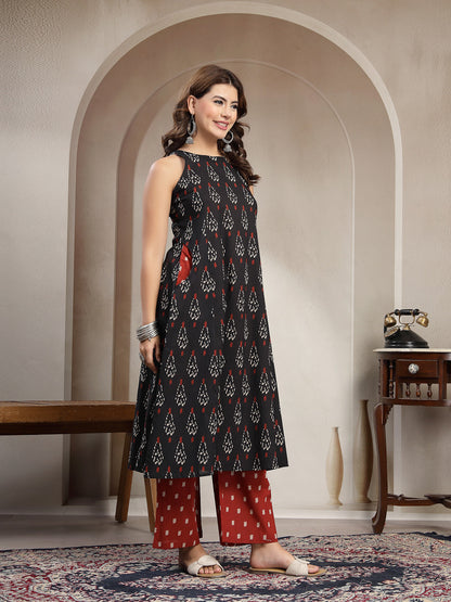 Flared Printed Cotton Round Neck Kurta Set
