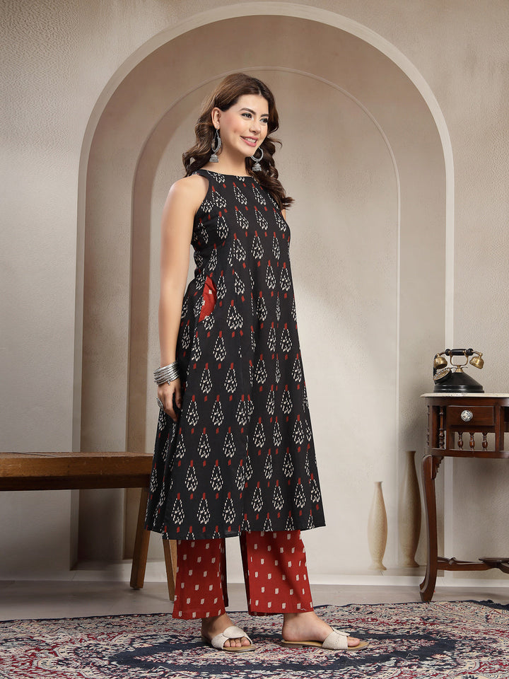 Flared Printed Cotton Round Neck Kurta Set
