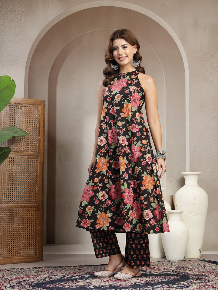 Flared Printed Cotton Round Neck Kurta Set
