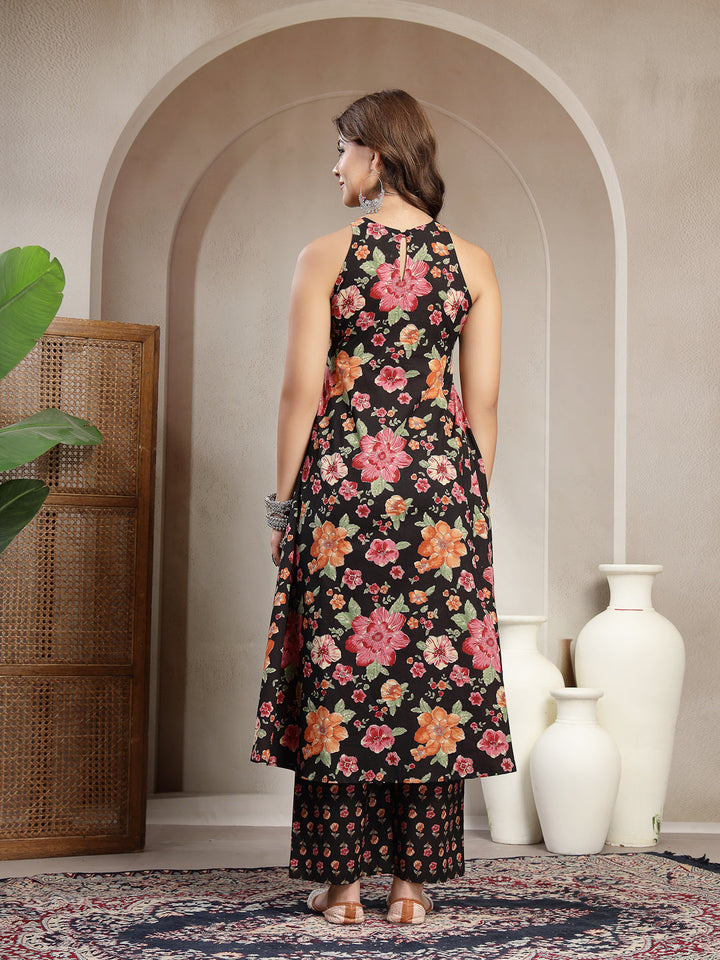 Flared Printed Cotton Round Neck Kurta Set
