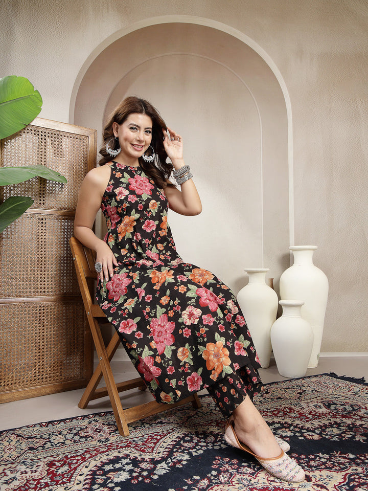 Flared Printed Cotton Round Neck Kurta Set