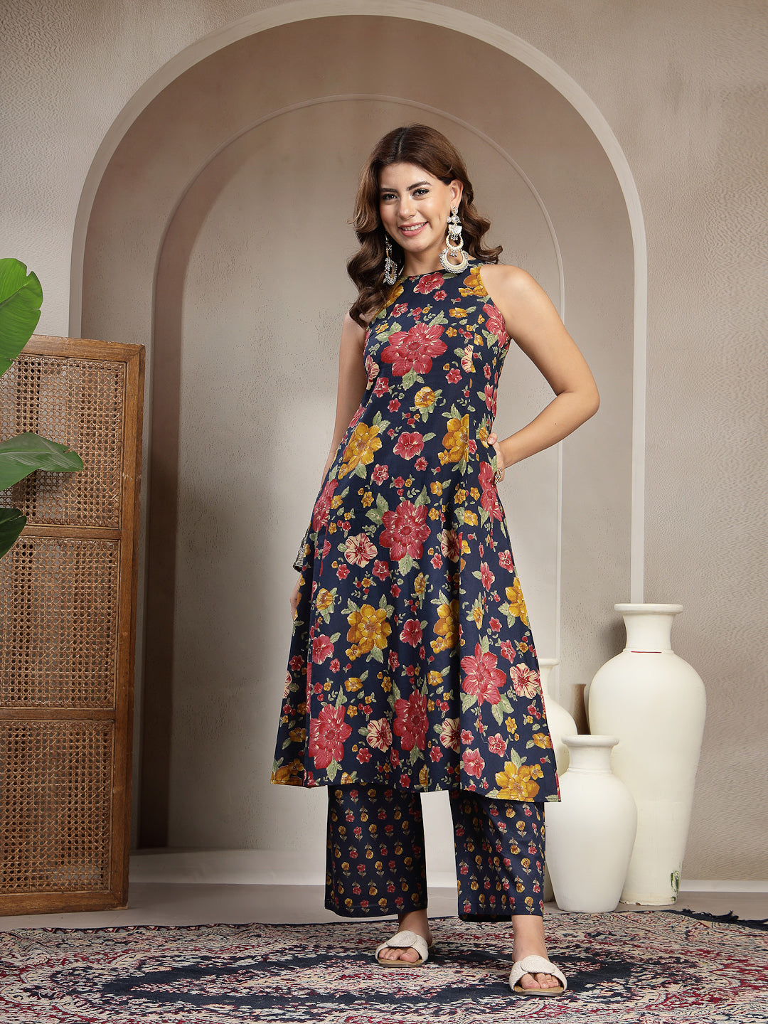 Flared Printed Cotton Round Neck Kurta Set