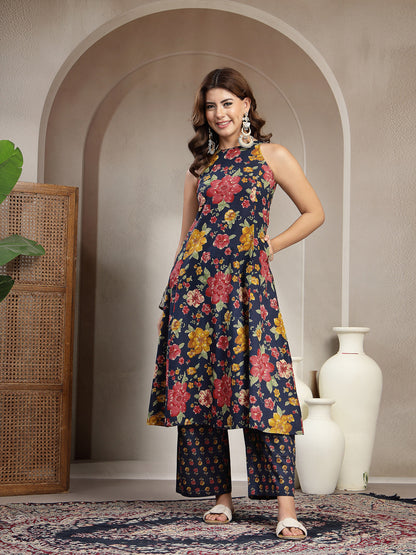 Flared Printed Cotton Round Neck Kurta Set