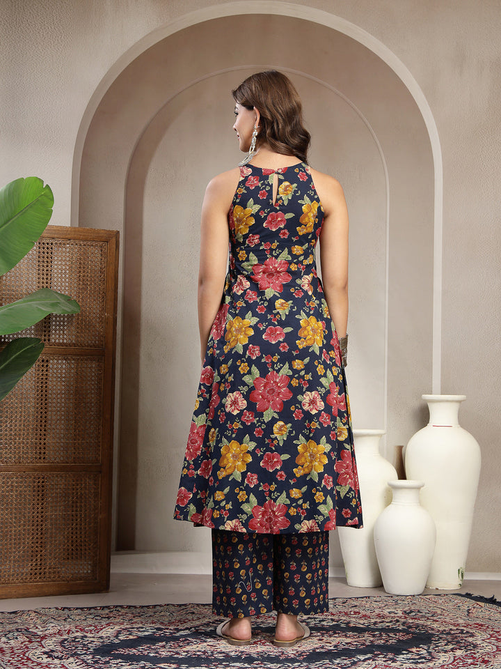 Flared Printed Cotton Round Neck Kurta Set