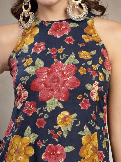 Flared Printed Cotton Round Neck Kurta Set